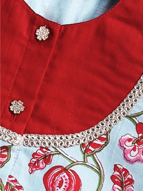 Girl's' Aqua Base Red Kurta And Pant Set